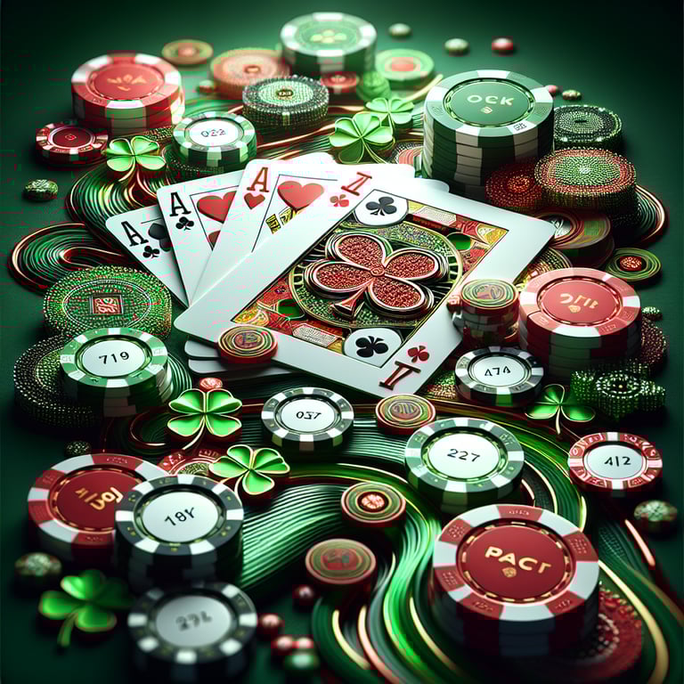 A visually stunning hero card design featuring a close-up of a sleek poker table adorned with vibrant green felt, where an array of glistening poker chips and a shimmering deck of cards are poised in an exciting online game atmosphere; spotlights create dramatic shadows that accentuate the intricate details and textures of each chip, while a soft glow hints at the thrill of luck in the air, making the entire composition energetic yet focused, perfect for capturing the essence of a lucky poker game.