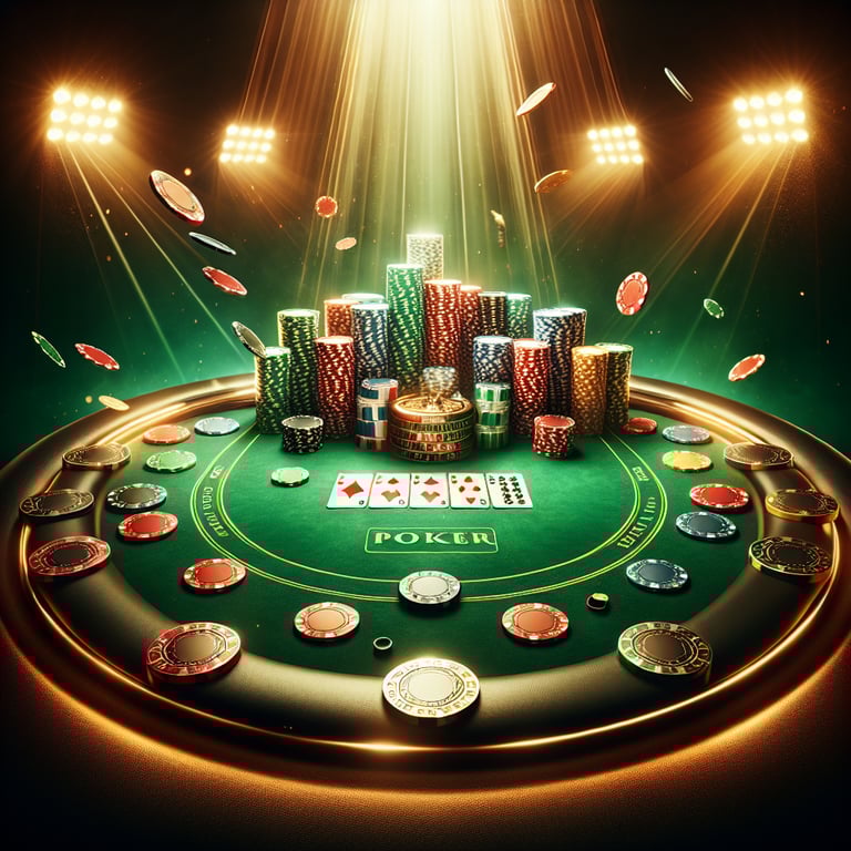 In a visually stunning composition, the scene showcases the best poker game in an online casino, where the central focus is an intricately designed poker table sparkling under vibrant, strategic lighting, its glossy surface reflecting the colorful array of playing cards and shining chips. Each element, from the elegantly crafted poker chips to the detailed card faces, draws the viewer's eye, while subtle, abstract overlays of digital safety icons elegantly frame the table, ensuring the atmosphere radiates excitement and security, perfectly capturing the essence of high-stakes gaming in a modern online setting.