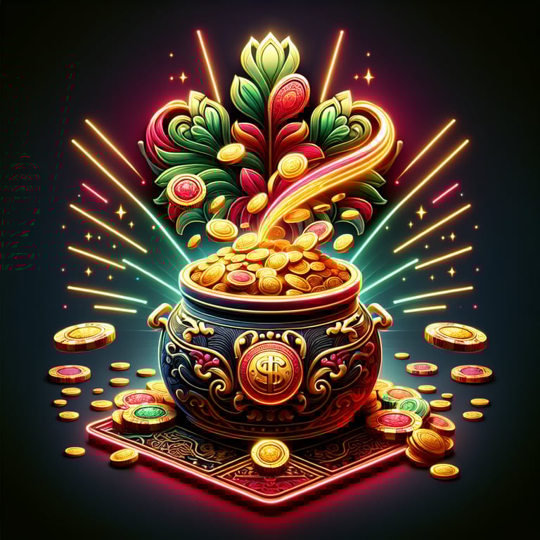 Image Một thiết kế logo ấn tượng cho trò chơi nổ hũ đổi thưởng ở Việt Nam, với hình ảnh chính là một quả hũ tràn đầy tiền vàng, được tô điểm bởi những màu sắc sống động như đỏ, vàng và xanh lá, tỏa sáng dưới ánh đèn neon rực rỡ. Kết cấu của hũ được thể hiện một cách tinh xảo, với những chi tiết phức tạp khắc họa sự lôi cuốn và hấp dẫn của trò chơi. Hệ thống ánh sáng được bố trí hài hòa, làm nổi bật sự sang trọng và thú vị của hũ, trong khi các yếu tố hỗ trợ như những chip poker hay bảo bối nhỏ xung quanh được sử dụng một cách tinh tế, không làm rối mắt mà chỉ tăng thêm sức hấp dẫn cho thiết kế, tạo nên một logo thật sự nổi bật và đầy sức sống.