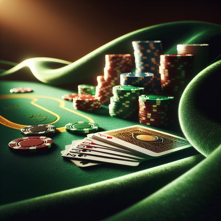 A visually stunning composition centered around a sleek, high-stakes poker table, adorned with vibrant green felt that beckons players to indulge in an exhilarating game of online poker; stacks of colorful chips tower elegantly, with reflective surfaces that catch the thoughtful lighting, while glimmering cards laid out in a winning hand draw the eye, celebrating the thrill of poker betting, enhanced by subtle abstract shapes in the background that embody the excitement of digital gaming without distracting from the intricate details and essence of the scene.