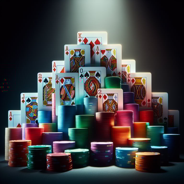 A meticulously crafted image of a poker hierarchy, showcasing a stunningly detailed poker chip set, each chip vibrantly colored and intricately textured, glistening under a soft, focused light that highlights their layered edges and embossed designs; surrounding the chips are delicate, abstract symbols representing different poker hands, artistically integrated to complement the focal point without distracting from the rich depth of the chips, creating a striking and immersive visual experience that captures the essence of high-stakes games and the excitement of live exchanges.