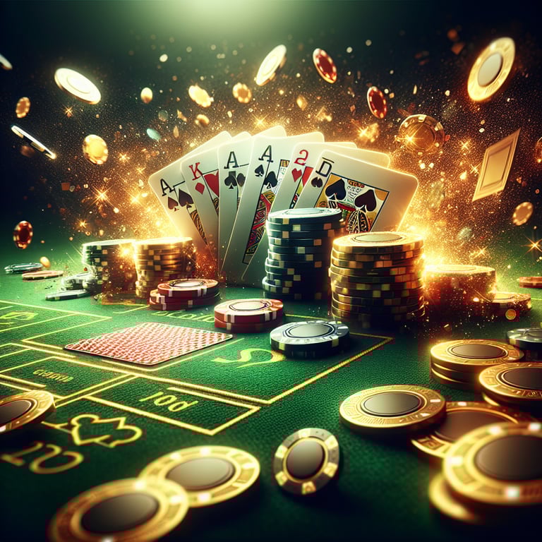 A visually stunning hero card background featuring a lively poker game scene, where vibrant colors of green felt and glistening chips create an inviting atmosphere; the essence of luck is personified through an elegantly animated hand of cards, subtly illuminated by warm lighting that highlights the intricate details of each card's design, while a few abstract, glowing symbols of fortune softly adorn the corners, ensuring the focus remains on the game itself without overwhelming the viewer, resulting in a striking and impactful design perfect for an online poker theme.
