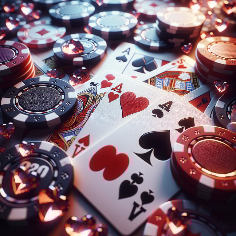 A visually stunning close-up of a meticulously arranged poker hierarchy, showcasing intricately designed playing cards, each adorned with vibrant colors and textures that reflect their respective rankings, all set against a softly glowing background that enhances the cards' details; subtle elements like shimmering chips and stacked coins elegantly frame the scene, creating a clean yet impactful composition that captivates with its clarity and elegance, embodying the essence of a live poker exchange.