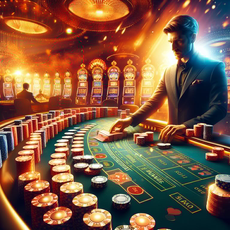 In a stunning visual composition, a gleaming online casino slot machine takes center stage, intricately detailed with vibrant colors and sleek textures that reflect the excitement of online gambling; its colorful reels spin with dynamic energy, showcasing a whirl of symbols ranging from classic fruits to glittering jackpots, while a luxurious baccarat table glimmers subtly in the background, adorned with elegant chips and cards, all illuminated by soft, atmospheric lighting that enhances the thrill of live dealer action, creating an appealing and immersive experience that captures the essence of betting in a visually striking manner.