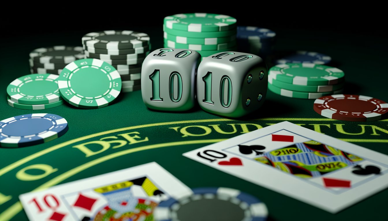 Colorful casino graphic featuring roulette wheels, dice, cards, and chips.