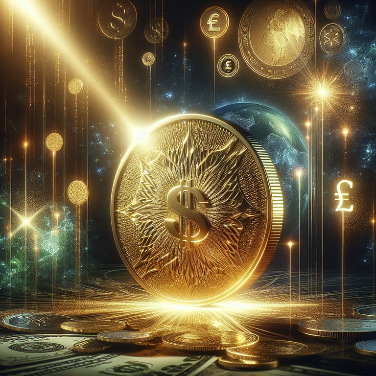 A breathtaking close-up of a shimmering gold coin, emblazoned with the words 