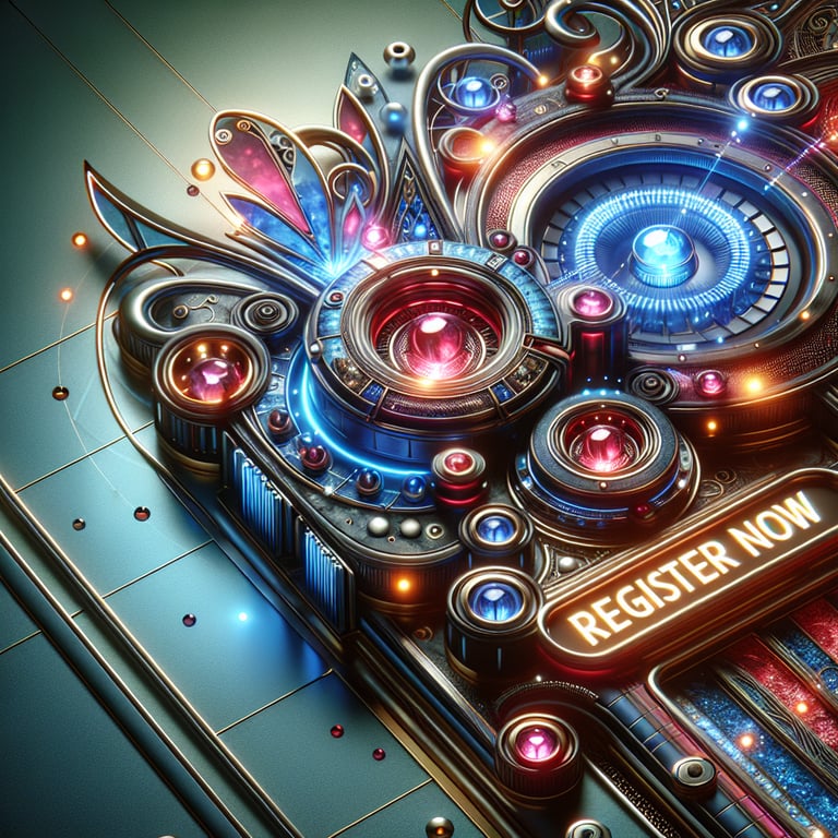 A visually striking close-up of the ultimate online game interface, showcasing a sleek and futuristic design that captivates gamers, with vibrant colors and intricate textures highlighting features like the 'Lucky Bet' button, which glows invitingly under dynamic, spotlit lighting; surrounding this focal point are subtle symbols of gambling luck, such as shimmering gold coins and twinkling stars, enticing viewers to 'Register Now' in a clean and impactful composition that breathes life and excitement into the gaming experience.