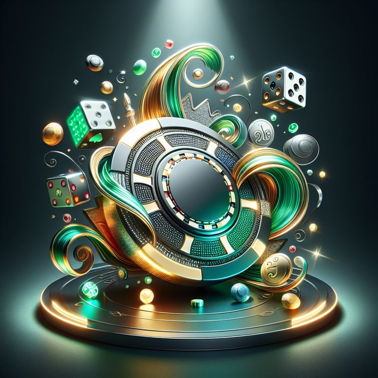 In a visually arresting composition, a striking online casino chip takes center stage, rendered in vivid emerald greens and shimmering golds that catch the eye; its intricate design showcases elaborate patterns and textures that evoke a sense of luxury and excitement. Surrounding the chip are ethereal, glowing symbols of various classic games—like slot machines and dice—delicately integrated to enhance the theme of 'bet safe' without detracting from the chip's prominence. Soft, dramatic lighting casts enticing shadows that dance across the scene, creating an atmosphere of thrilling possibility and elevating the allure of this colorful gaming world, where every detail invites viewers to engage in the excitement of online gambling.