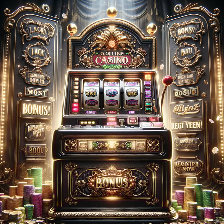 An eye-catching design featuring a glossy, golden slot machine adorned with the phrase 