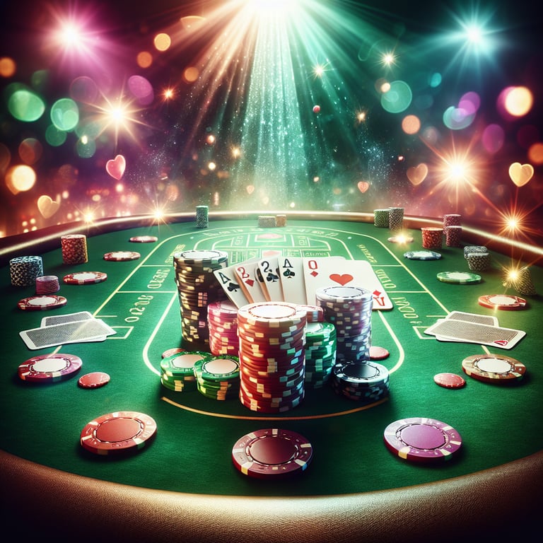 A visually striking scene focused on the best poker game in an online casino, featuring a sleek, glossy poker table adorned with intricately designed chips and vibrant playing cards catching the light, showcasing their vivid colors and unique patterns; the atmosphere is intensified by the thoughtful use of dramatic lighting that highlights the game’s essence, while subtle abstract elements, like floating outlines of classic poker hands, enhance the theme without distracting from the captivating details of the table and cards, creating a clean and impactful design that truly celebrates the thrilling excitement of poker.
