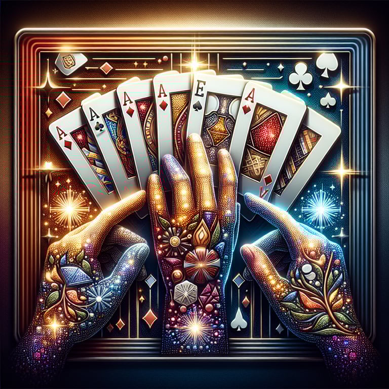 A visually stunning portrayal of a poker hierarchy, featuring an oversized, intricately detailed royal flush hand as the central object, highlighted by vibrant colors of deep reds and rich greens, with innovative textures on each playing card that shimmer under thoughtful spotlighting, emphasizing their sophistication; subtly integrated elements like abstract chips and a glimmering dealer button delicately surround the hand, reinforcing the theme while ensuring the composition remains focused and clean, perfect for capturing attention in a carousel format.
