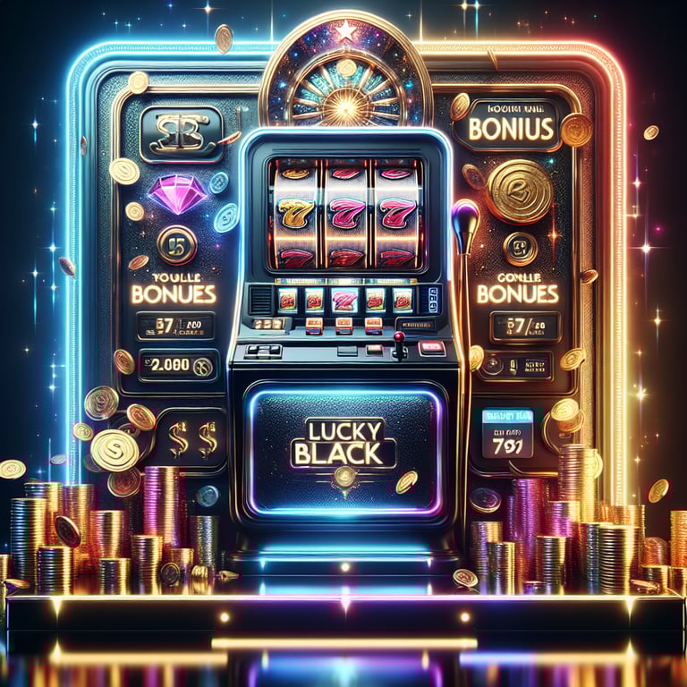 In the center of this visually stunning design, a gleaming, intricately detailed slot machine named 'Lucky Black' bursts with vibrant colors and innovative textures, showcasing an array of shimmering coins and enticing bonus symbols that beckon viewers to 'Register Now' amidst a luxurious, darkly glamorous backdrop; soft, dramatic lighting highlights each exquisite feature, while subtle graphic elements like sparkling stars and abstract geometric shapes enhance the allure of this lucky casino experience without overshadowing the main attraction.