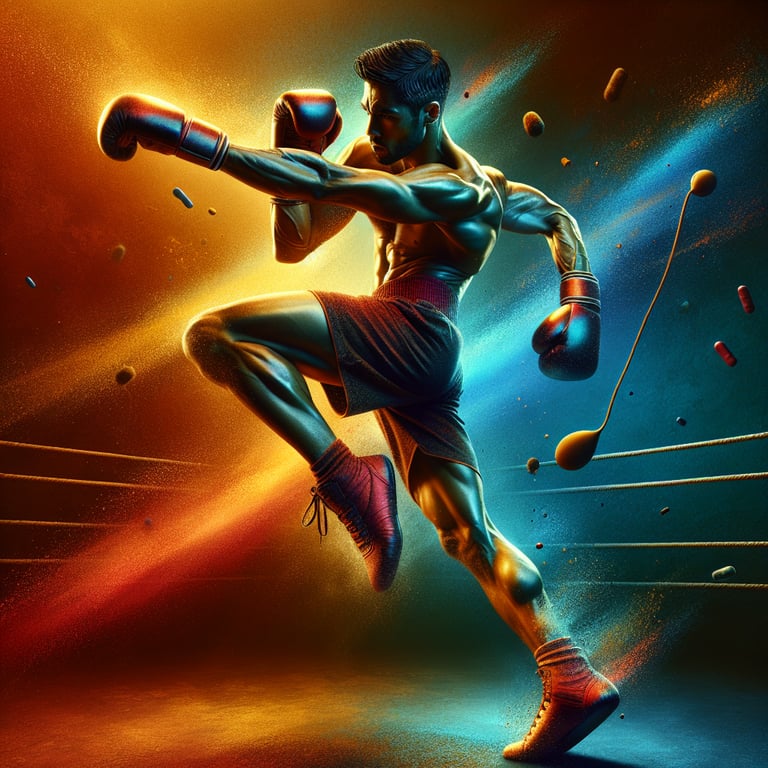 Um design visual impressionante e detalhado centrado em um ringue de boxe, onde luvas vibrantes em tons de vermelho e azul se destacam em primeiro plano, cada uma com texturas inovadoras que capturam a luz de forma dramática. Em volta, sombras sutis evocabam a intensidade da luta, enquanto o fundo permanece suavemente desfocado, garantindo que a atenção do espectador esteja completamente voltada para as luvas e seus detalhes intrincados. Elementos simbólicos como fitas ou troféus são incorporados de maneira discreta, complementando a cena sem desviar o foco, resultando em uma composição limpa e impactante que exalta a essência do boxe.