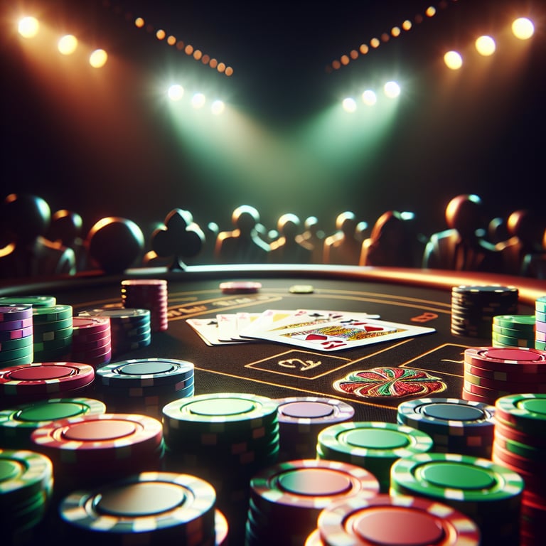 A strikingly detailed scene focusing on a luxurious poker table, adorned with rich, vibrant green felt and intricate designs, where polished, glimmering chips are meticulously stacked alongside glinting cards, each displaying captivating suits and values under thoughtfully positioned, ambient lighting that casts soft shadows and highlights; subtle, abstract symbols of luck and strategy emerge in the background, enhancing the poker lovers' theme without distracting from the table's grandeur, creating a visually stunning and impactful composition perfect for a carousel display.