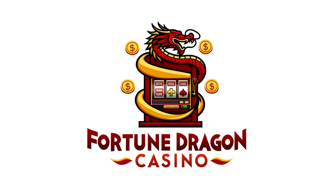 Image A casino logo featuring a dragon coiling around a slot machine and dollar coins.