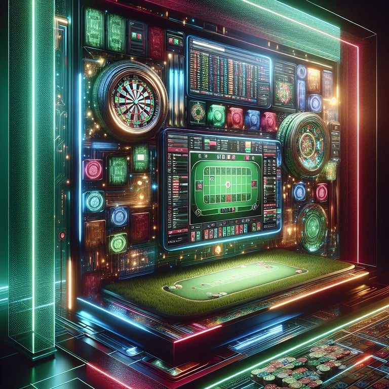 An eye-catching composition showcasing a sleek, modern online casino interface, with vibrant colors and dynamic textures that highlight the excitement of sports betting and online poker; the foreground features intricately designed poker chips and betting slips, their glossy surfaces reflecting expertly positioned, ambient lighting, while subtle symbols of various sports and poker hands weave seamlessly in the background, creating a clean yet impactful visual narrative that draws the viewer’s attention to the thrilling world of online gaming.