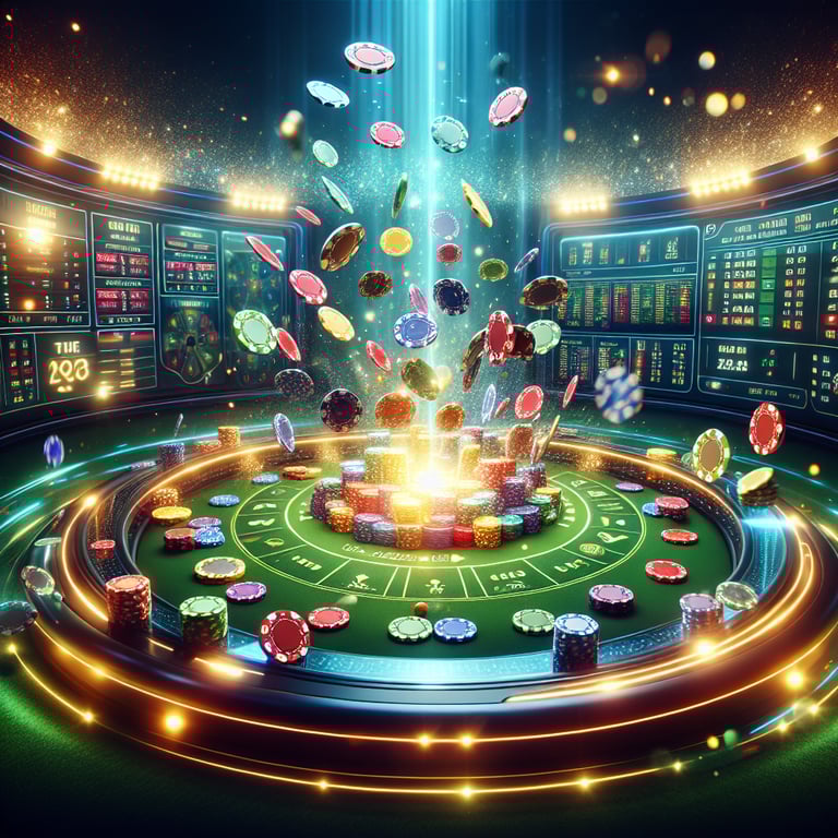 A dazzling, sleek oneline casino interface bursts into view, featuring a vibrant array of colorful chips scattered across a rich green felt poker table, seamlessly blending the thrill of sports betting and online poker; intricate details like glimmering card suits and the soft glow of illuminated betting lines are enhanced by dynamic lighting that casts subtle reflections, while a sleek digital display subtly showcases real-time game stats in the background, inviting players into this captivating and immersive gambling experience, where every glance is a promise of excitement and intrigue.