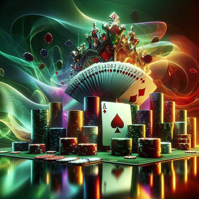 A meticulously detailed and vibrant portrayal of a poker hierarchy featuring intricately designed playing cards, each showcasing an array of rich colors and unique textures that hint at their rank and suit, illuminated by a soft, warm glow that highlights their glossy finish; the scene captures the essence of a live poker exchange, with subtle but effective supporting elements like a softly blurred poker table and glimmering chips in the background, ensuring the focus remains on the majestic cards and the thrilling game at play.