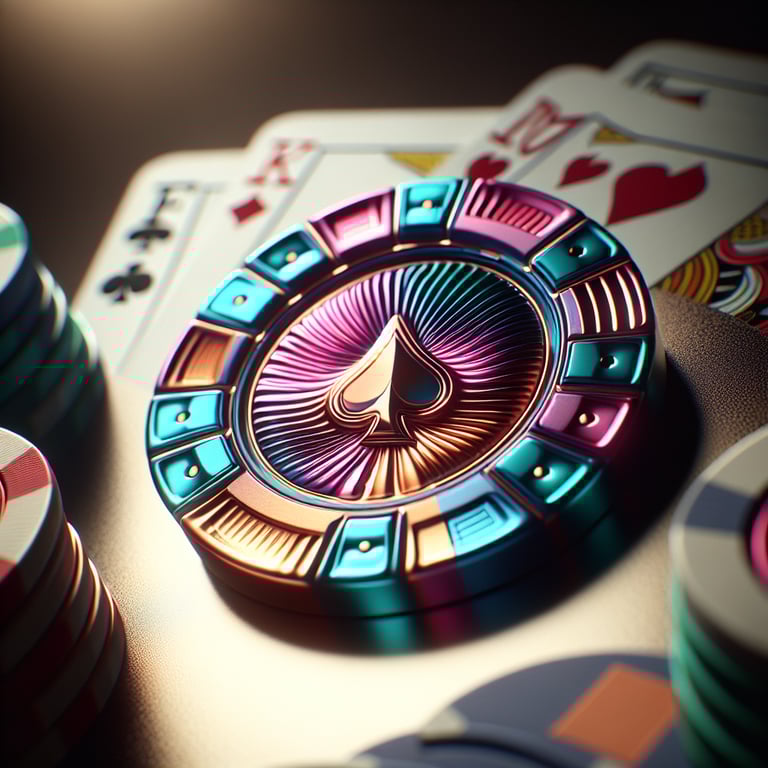 A captivating close-up of a meticulously crafted poker hierarchy display, showcasing a dazzling array of poker chips and cards, each intricately detailed with vibrant colors and innovative textures that catch the light, set against a softly blurred background; the subtle glimmering of the chips reflects the essence of high-stakes tension, while hints of abstract symbols—like a royal flush or a full house—gracefully woven into the design add thematic depth without overwhelming the scene, creating a striking, visually stunning focus on the intense world of poker.