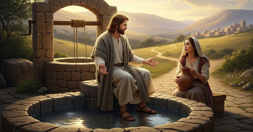 Jesus sentado na borda do poço de Jacó, conversando com a Mulher Samaritana que segura um jarro de água, com a cidade de Sicar ao fundo. A imagem tem uma atmosfera de revelação e acolhimento.