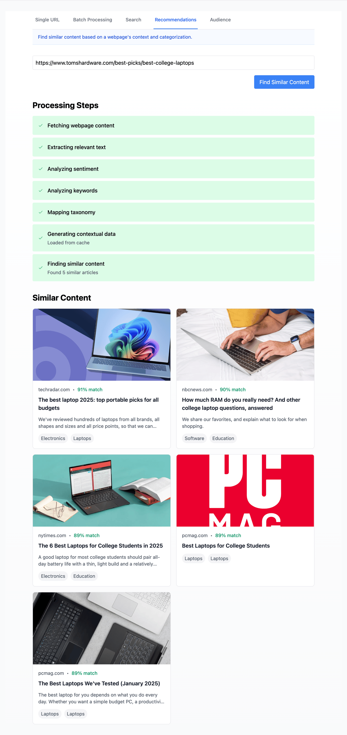 Screenshot of a web page showing laptop recommendations and similar content processing steps.