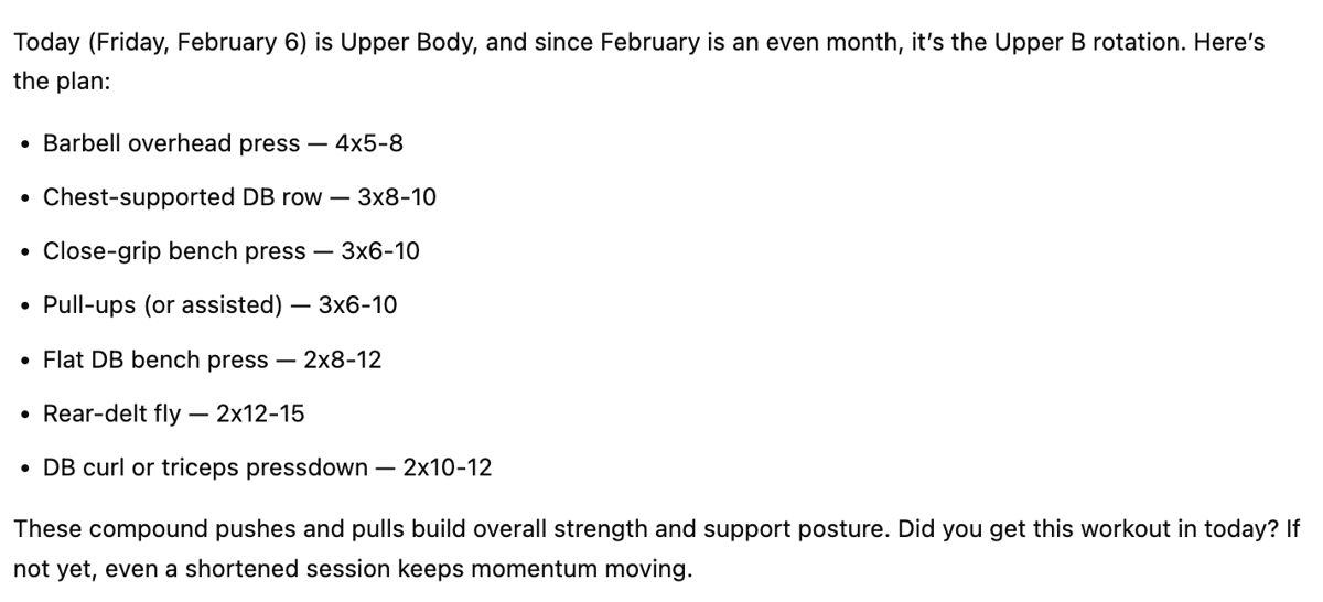 Upper body workout plan with exercises and repetitions listed.