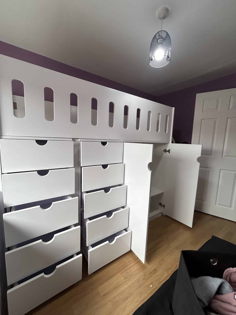 White Cabin Bed with Storage and Oval Cutouts