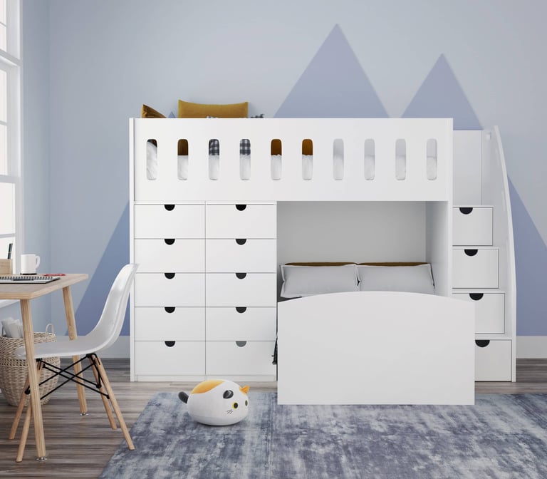 L shape bunk bed with 10 drawers and stairs front view