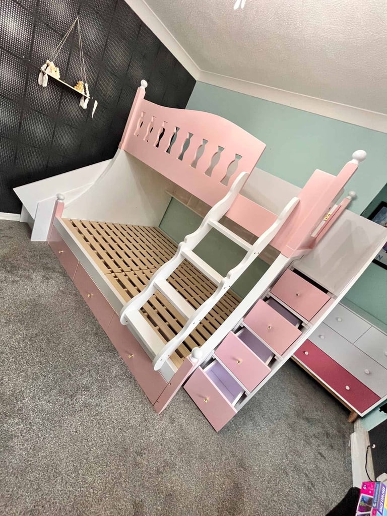 Children’s single bunk beds with stairs and shelves
