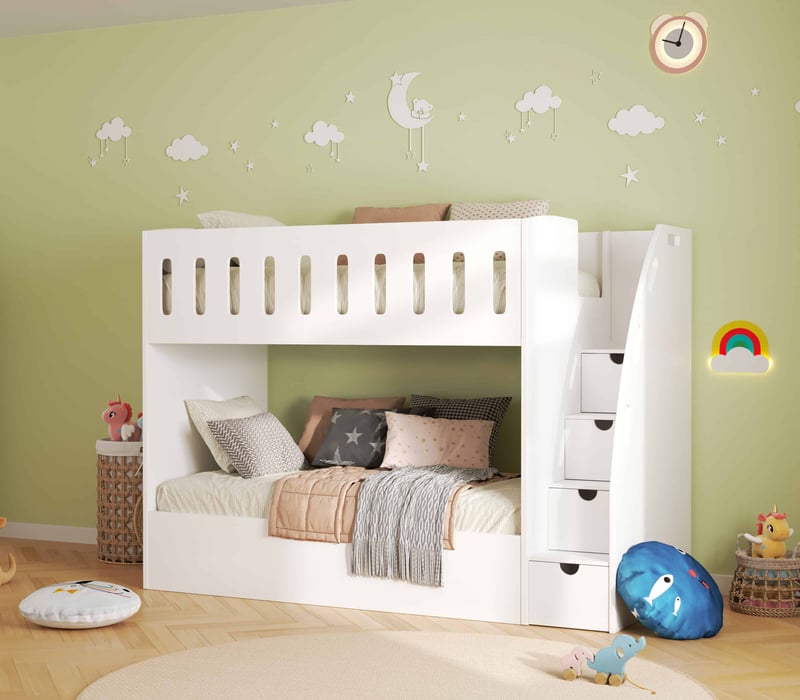single bunk bed with drawers on stairs