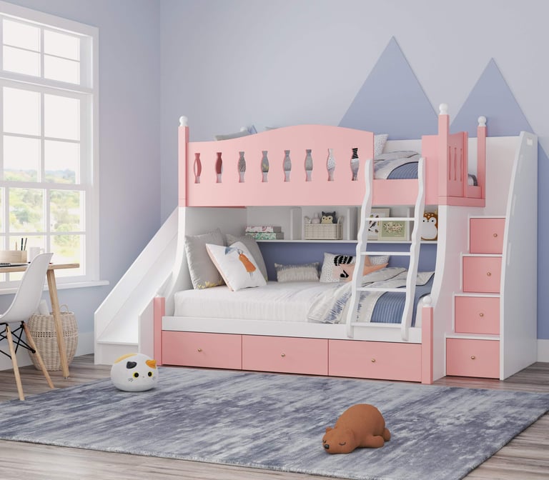 Single bunk beds with stairs and storage