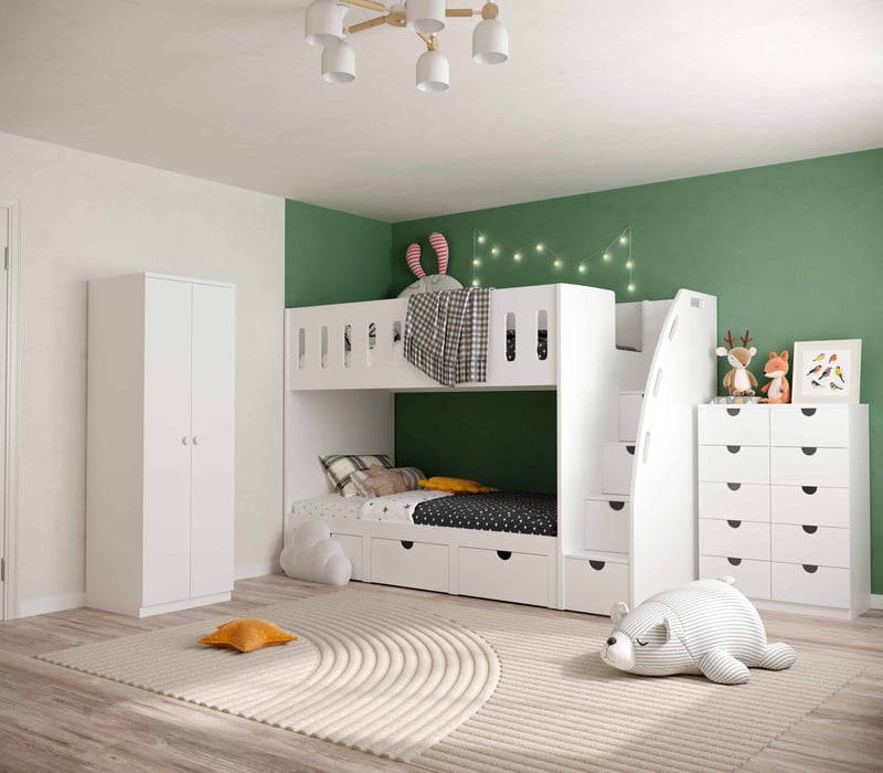 Elevated bed with shelves