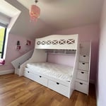 Bunk bed with double on bottom and single on top and slide