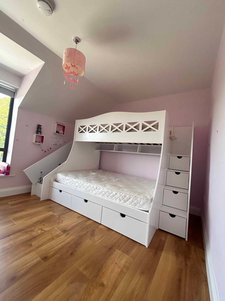 Bunk bed with double on bottom and single on top and slide