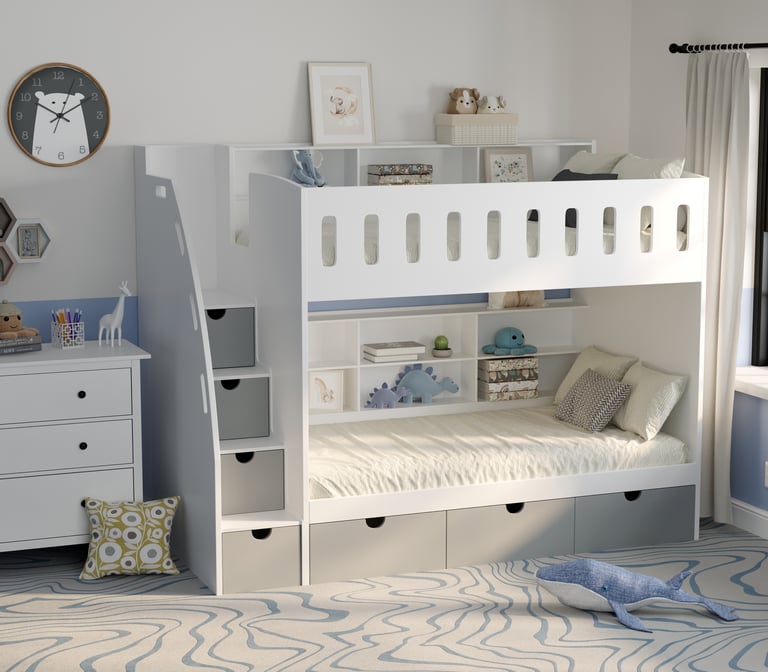 bunk bed with drawers on stairs