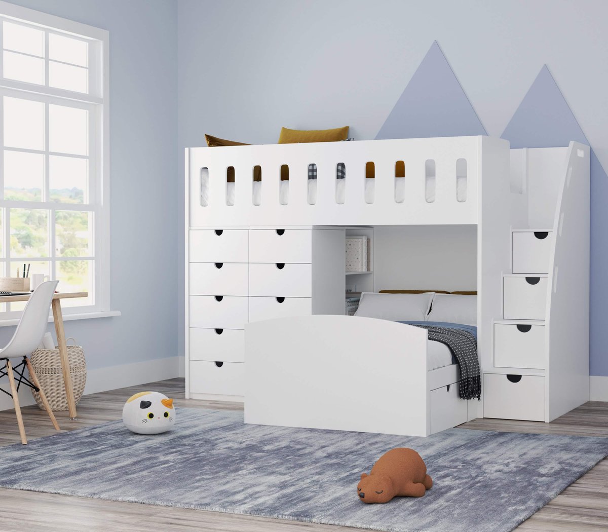 L shape bunk bed with 10 drawers and stairs icon