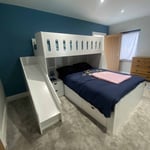 L-shaped double single bunk bed with stairs and safety rails