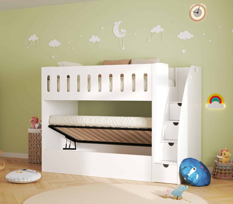 tall bunk bed with ottoman front view