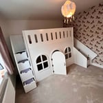 High sleeper playhouse with slide and stairs