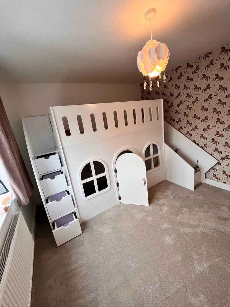 High sleeper playhouse with slide and stairs