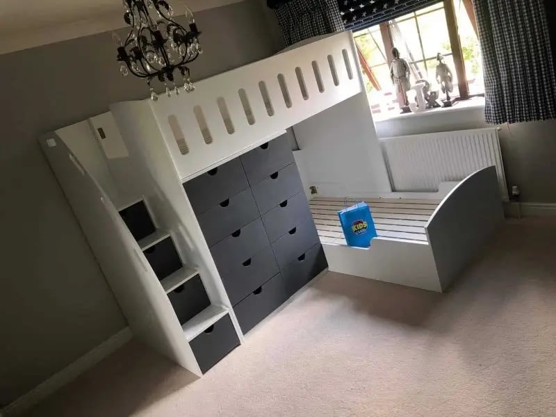 L shape bunk bed with stairs and black drawers