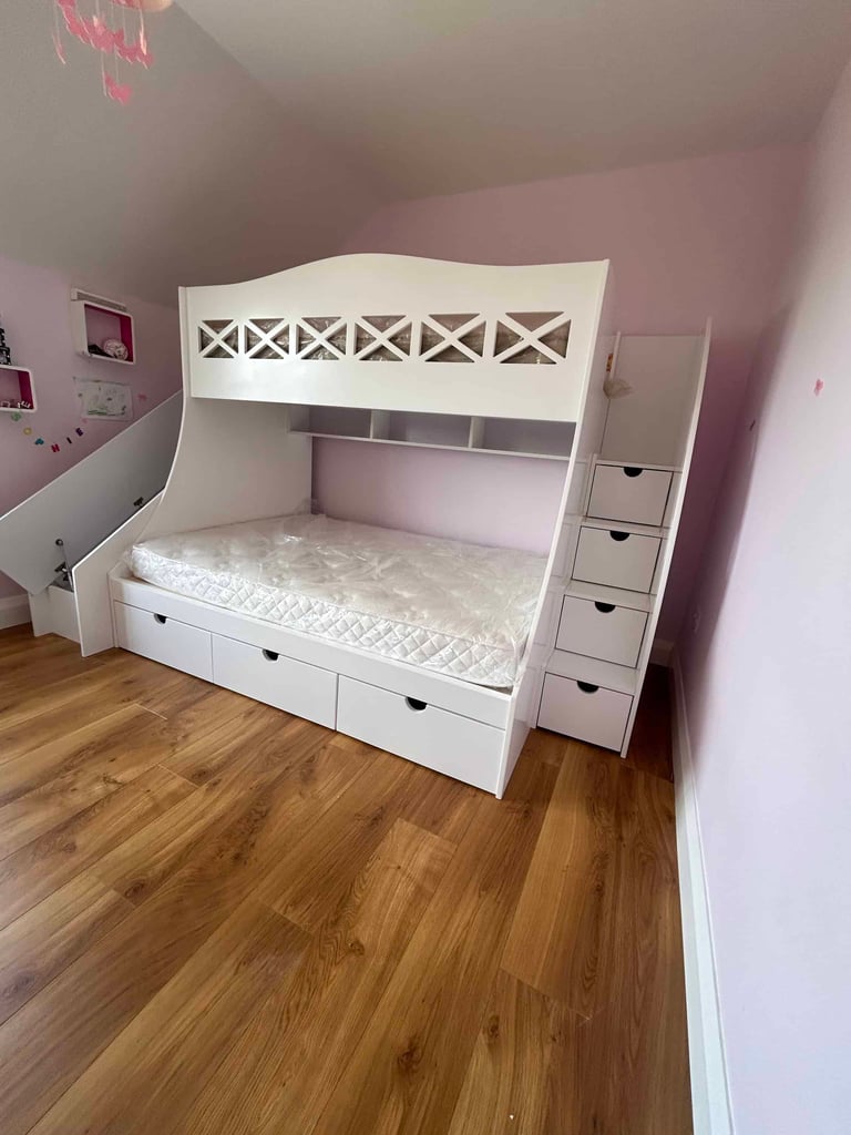 Single over double bunk bed with slide for kids