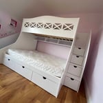 Double and single bunk bed with built-in storage shelves