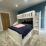 L-shaped double bed and single bed bunk with slide