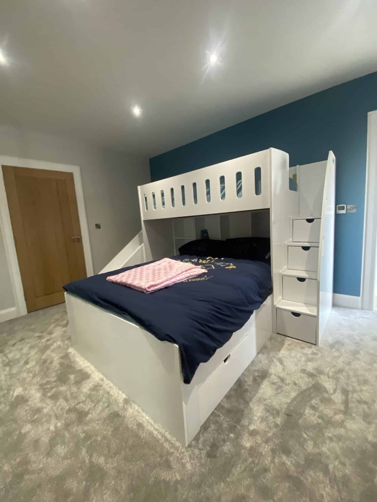 L-shaped double bed and single bed bunk with slide