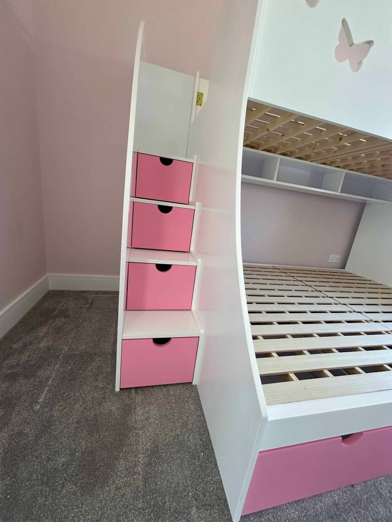 Double single bunk bed with slide and stairs