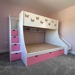 Bunk bed with double on bottom and single on top with stairs and Slide