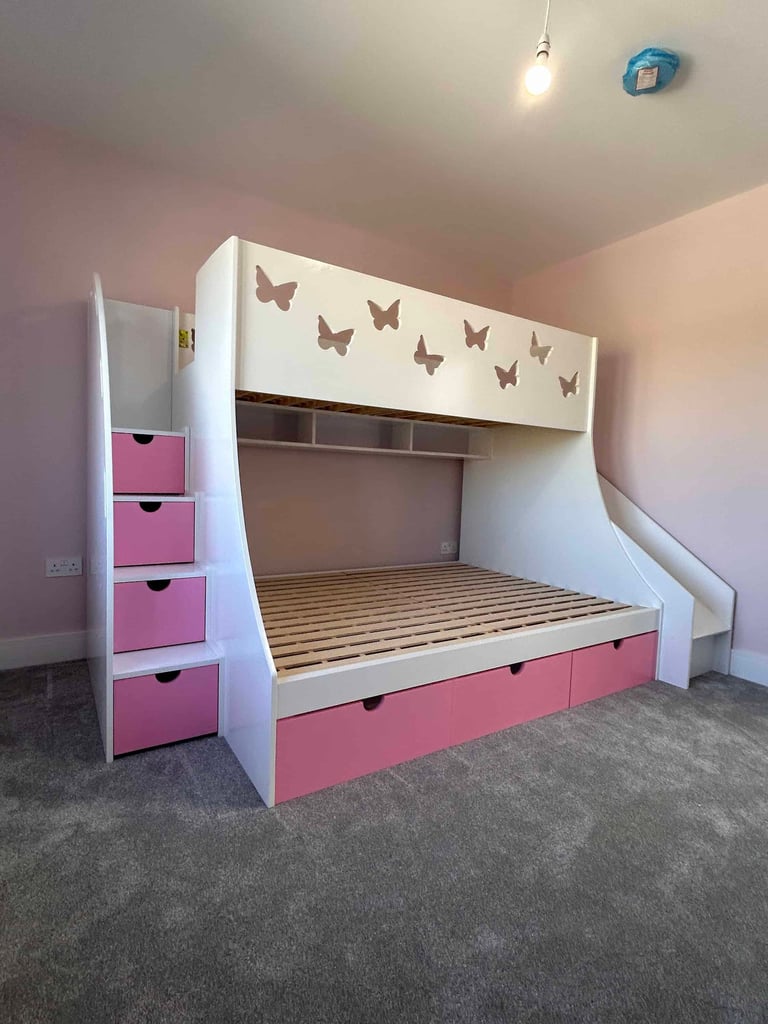 Bunk bed with double on bottom and single on top with stairs and Slide