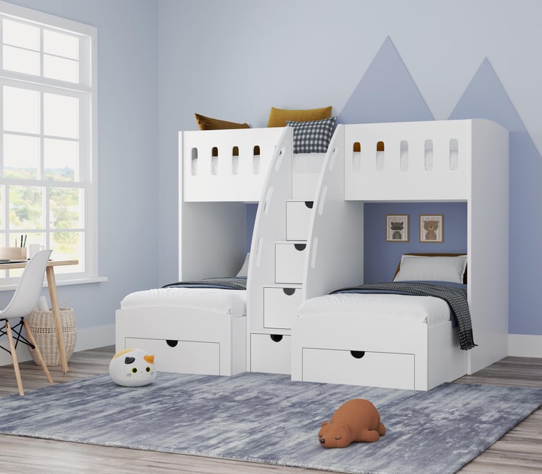 M shaped triple bunk beds with stairs