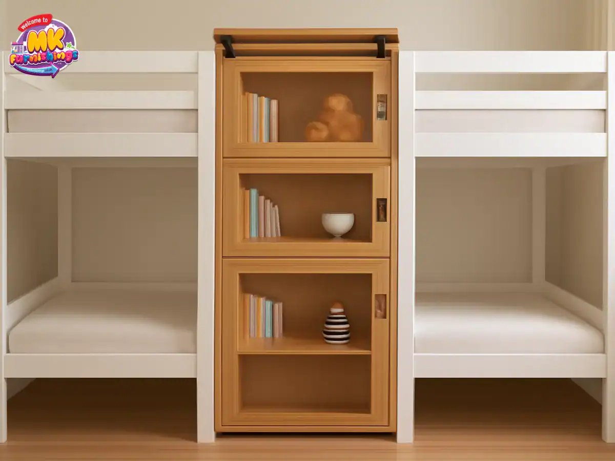 Bunk Beds Designed with Sliding Bookshelf Dividers